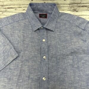 Untuckit Mens Large Regular Fit Chambray Blue Shirt 100% Linen Wrinkle Resistant